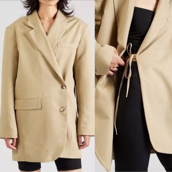 TOPSHOP‎ Button Dad Blazer Oversized Suit Jacket Asymmetrical Beige NWT Size 4 - Picture 10 of 11